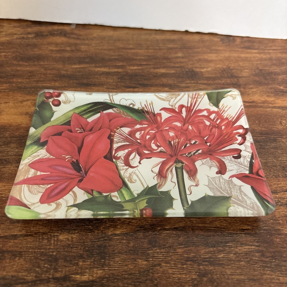 Michel Design Works Floral Tray‎ Trinket Holder Red Green White Brown 5.75" X 4"